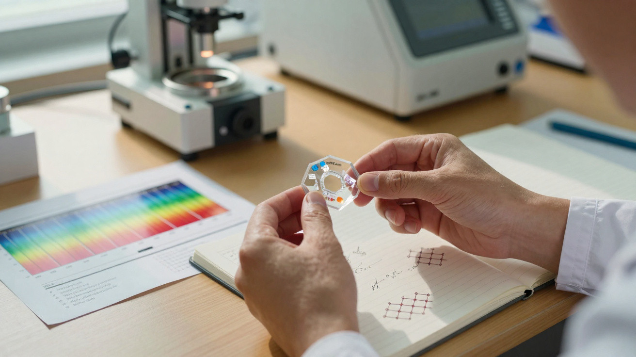 Mãos segurando chip hexagonal transparente em mesa com caderno, gráfico de cores e equipamento técnico.