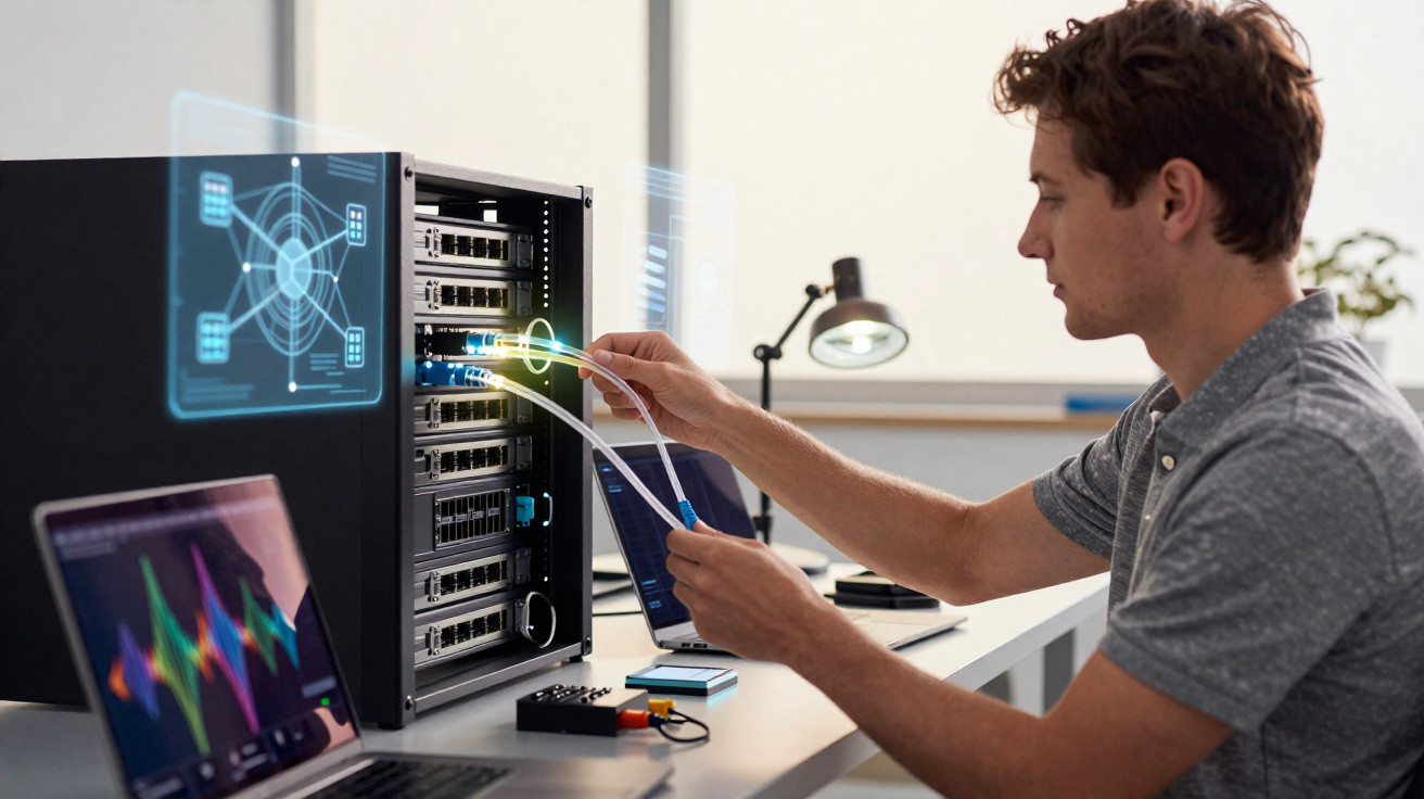 Jovem conecta cabos em servidor com laptops e gráficos digitais em ambiente moderno de trabalho.