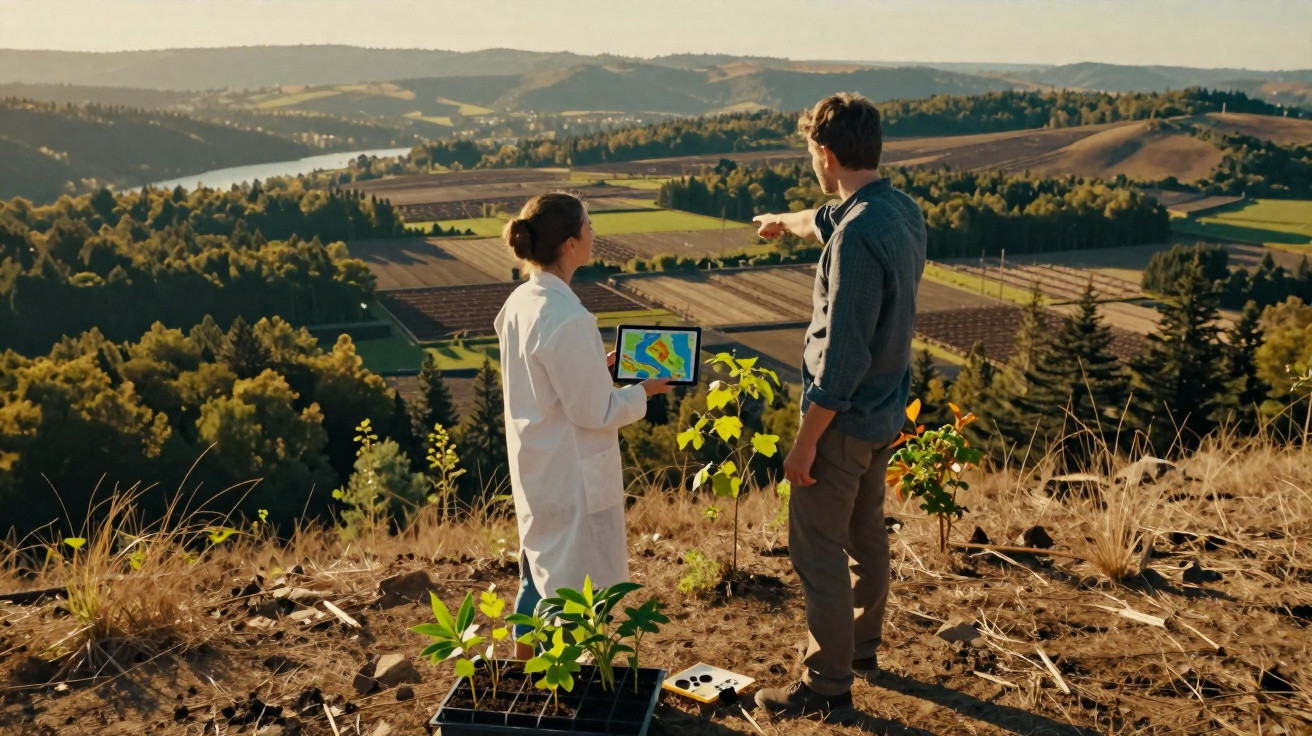 Agrônomo e cientista analisam mapa digital em tablet em área rural com plantas e campo ao fundo.