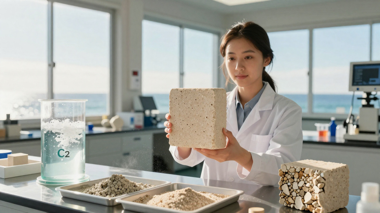 Pesquisadora em laboratório segurando bloco de material sustentável com amostras de areia e cascalho na bancada.