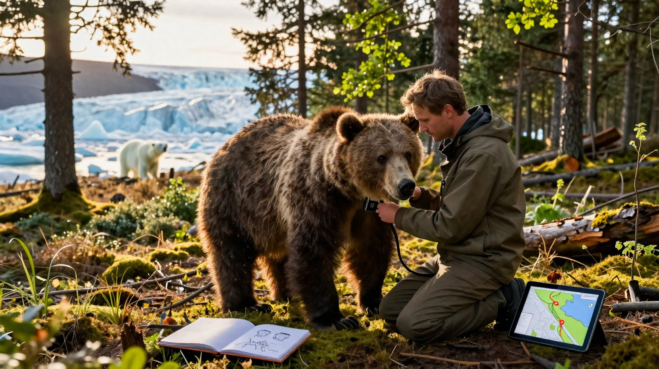 Homem usando equipamento médico examina urso marrom na floresta com urso polar e geleira ao fundo.