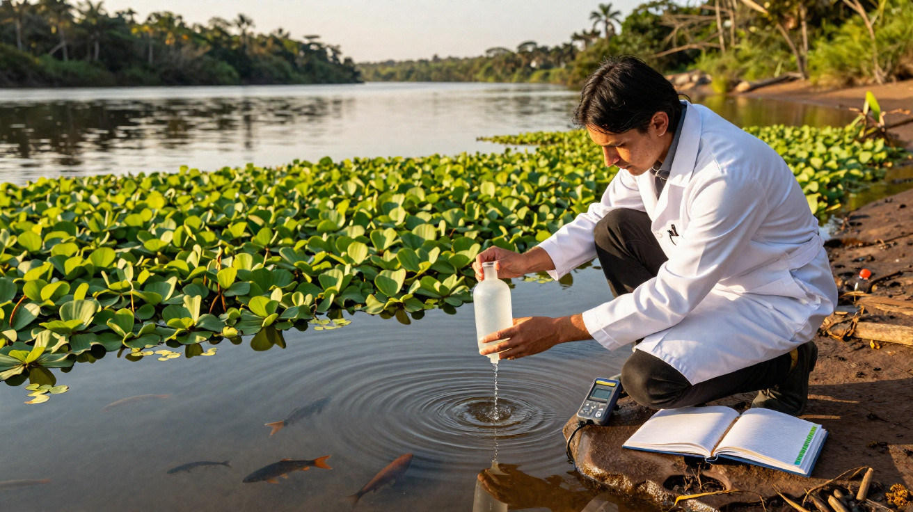 Pesquisador coleta amostra de água em rio cercado por vegetação aquática para análise ambiental.