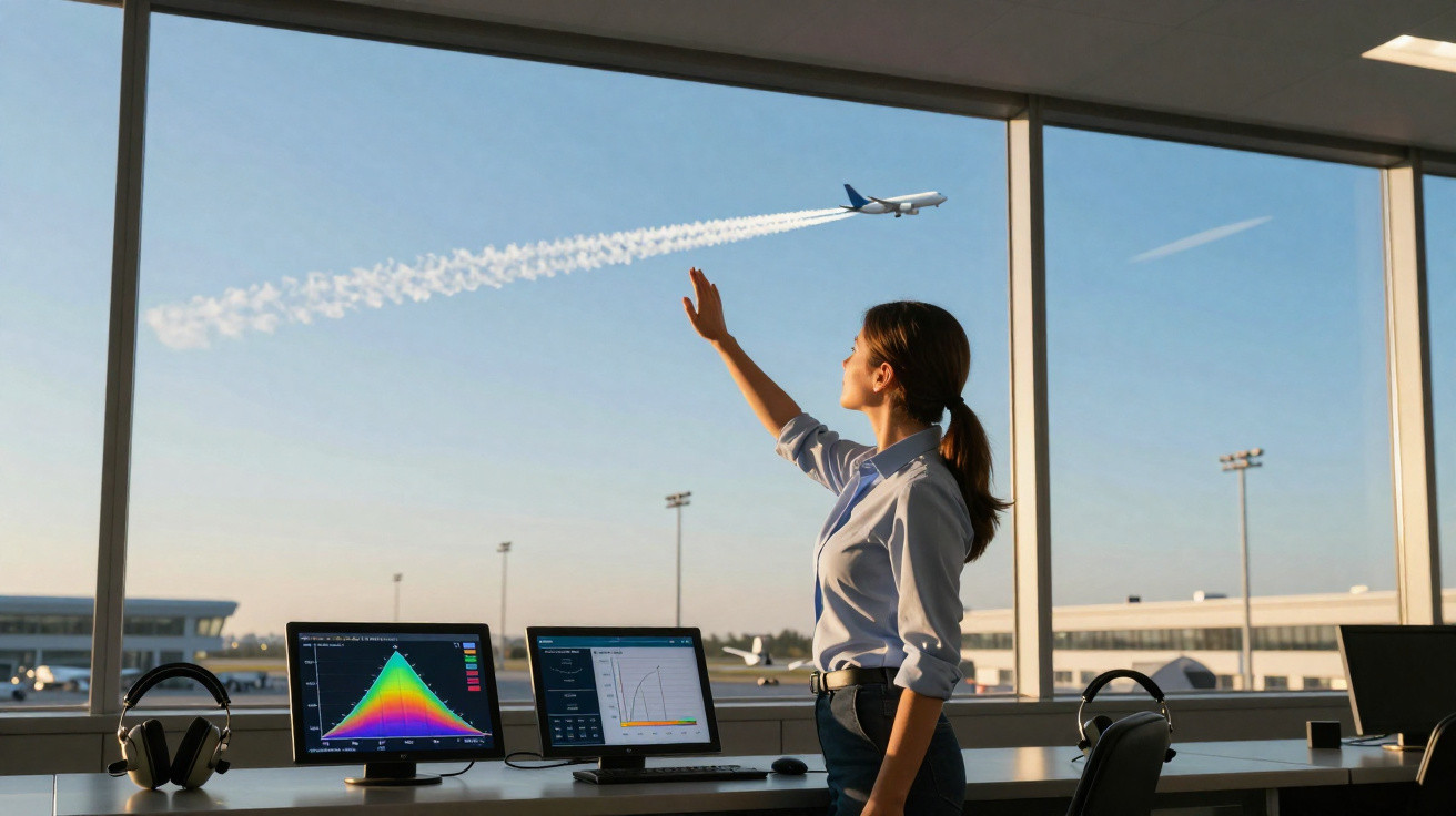 Mulher em escritório com telas de computador observa e acena para avião voando fora da janela.