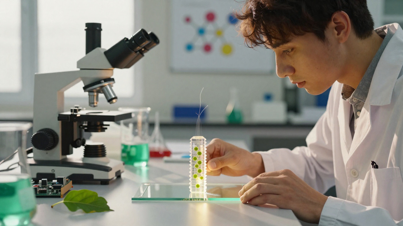 Jovem cientista em laboratório analisando amostra em tubo de ensaio próximo a microscópio.