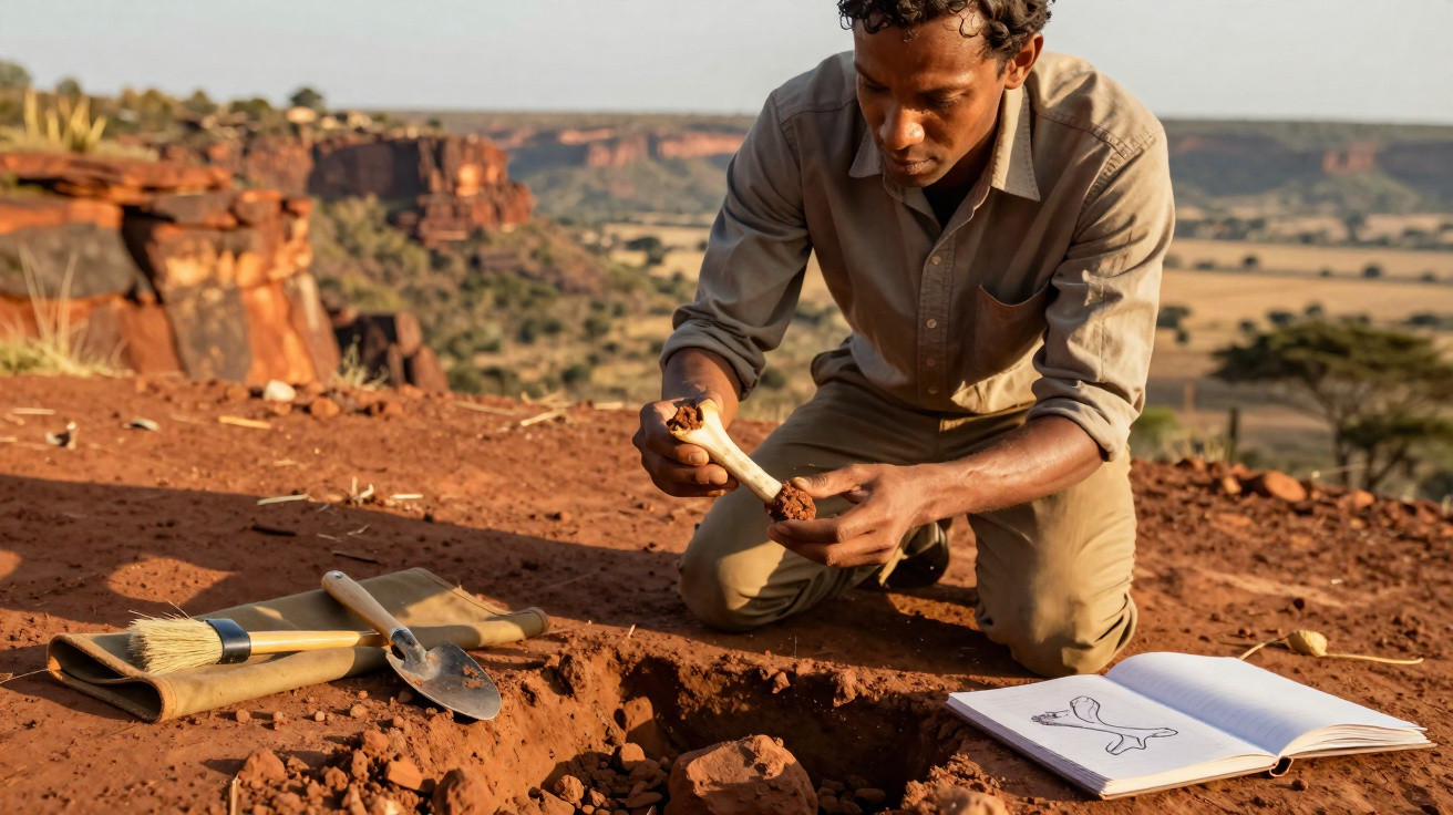 Homem analisando osso em sítio arqueológico com ferramentas e caderno de desenhos ao lado.