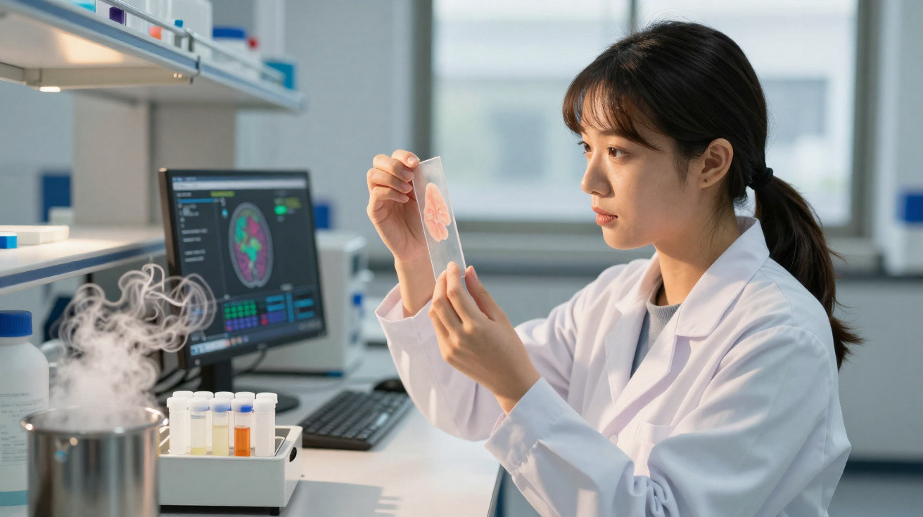 Pesquisadora em laboratório analisando lâmina com amostra de tecido cerebral perto de computador com imagem do cérebro.
