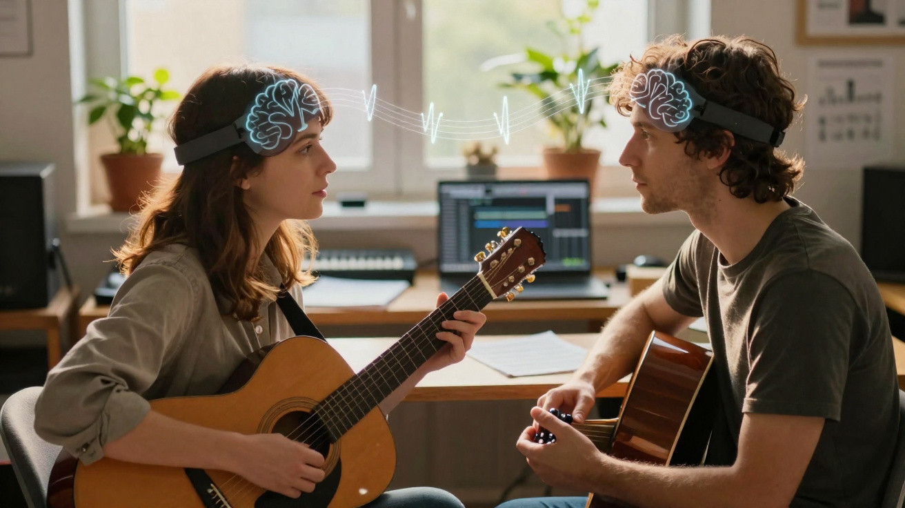 Casal tocando violão com sensores cerebrais conectados, olhando um para o outro em estúdio.