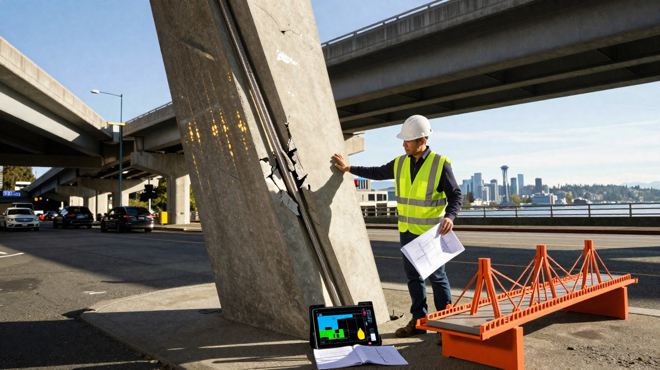 Engenheiro vistoria dano em coluna de concreto sob ponte com maquete de modelo estrutural na rua.