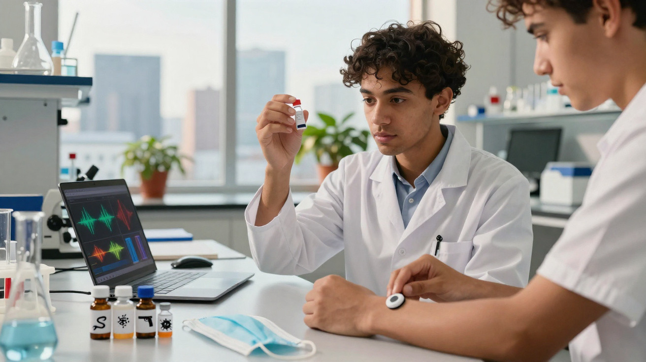 Dois jovens cientistas em laboratório analisando amostras com laptop e equipamentos ao redor.