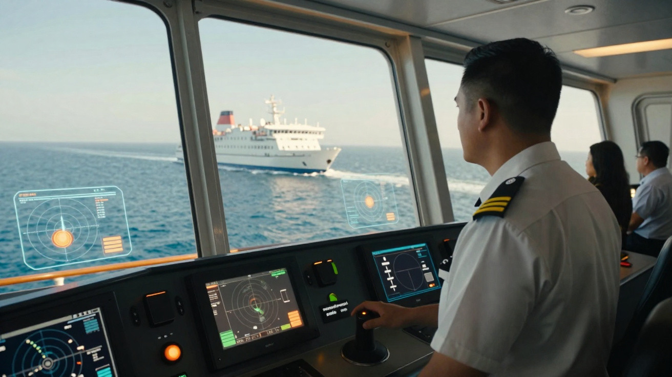 Marinheiro operando equipamentos de navegação na ponte de comando de um navio, com outro navio no mar.