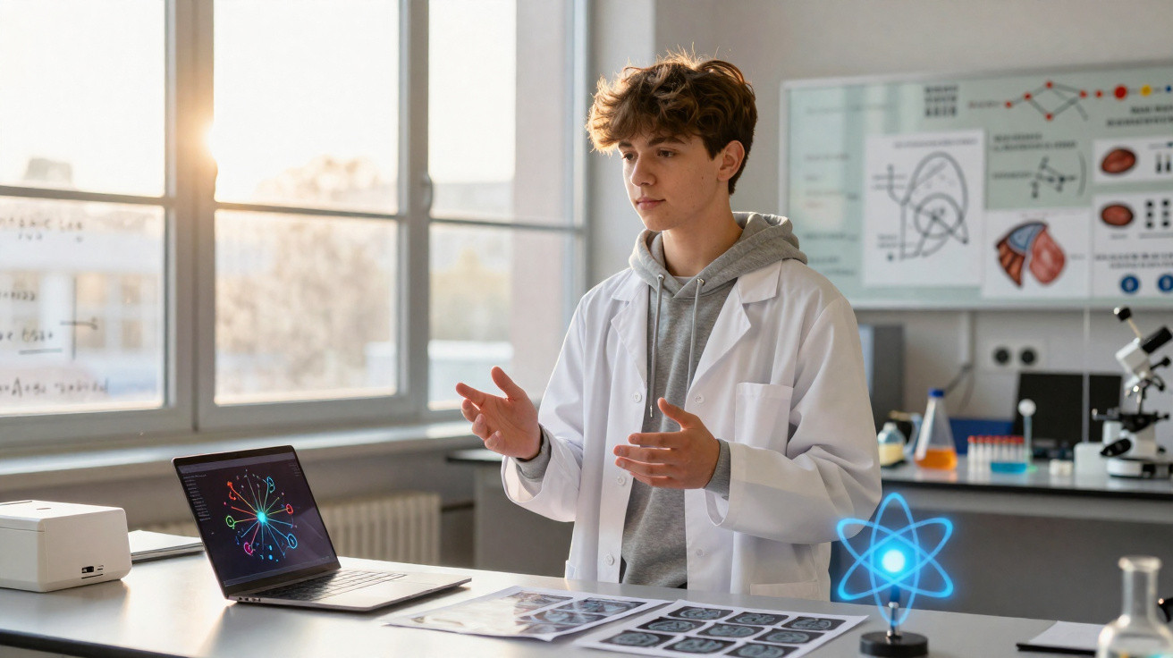 Jovem cientista em laboratório apresentando gráficos no computador e imagens médicas sobre mesa iluminada.
