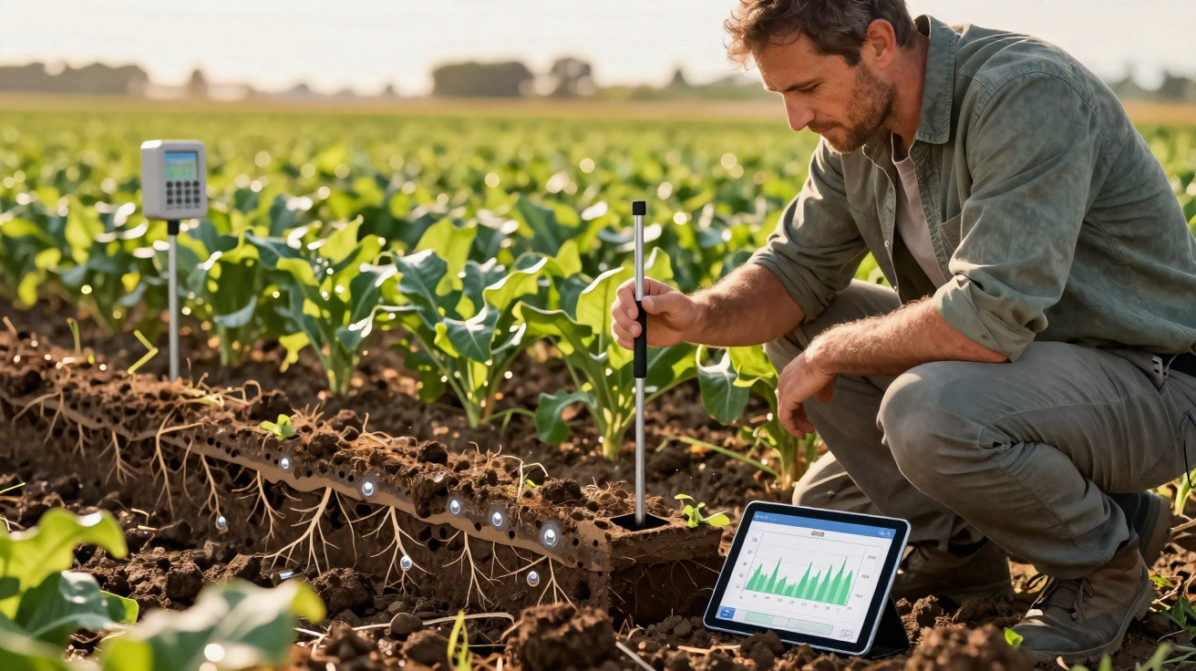 Agrônomo medindo condições do solo em plantação com dispositivo digital e tablet exibindo gráficos.
