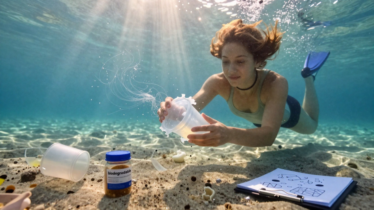Mulher mergulhada coletando lixo plástico biodegradável no fundo do mar com prancheta ao lado.