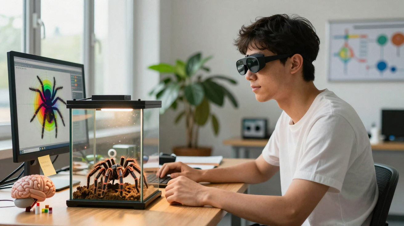 Jovem usando óculos escuros estuda aranha em terrário na mesa com computador exibindo imagem digital de aranha.