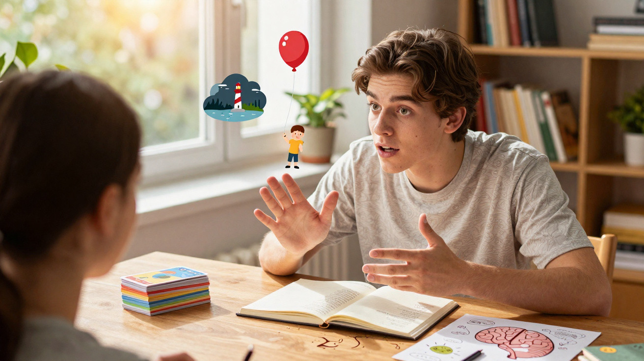 Jovem explicando conceitos para mulher, com livro aberto e imagens ilustrativas flutuando perto da mão.