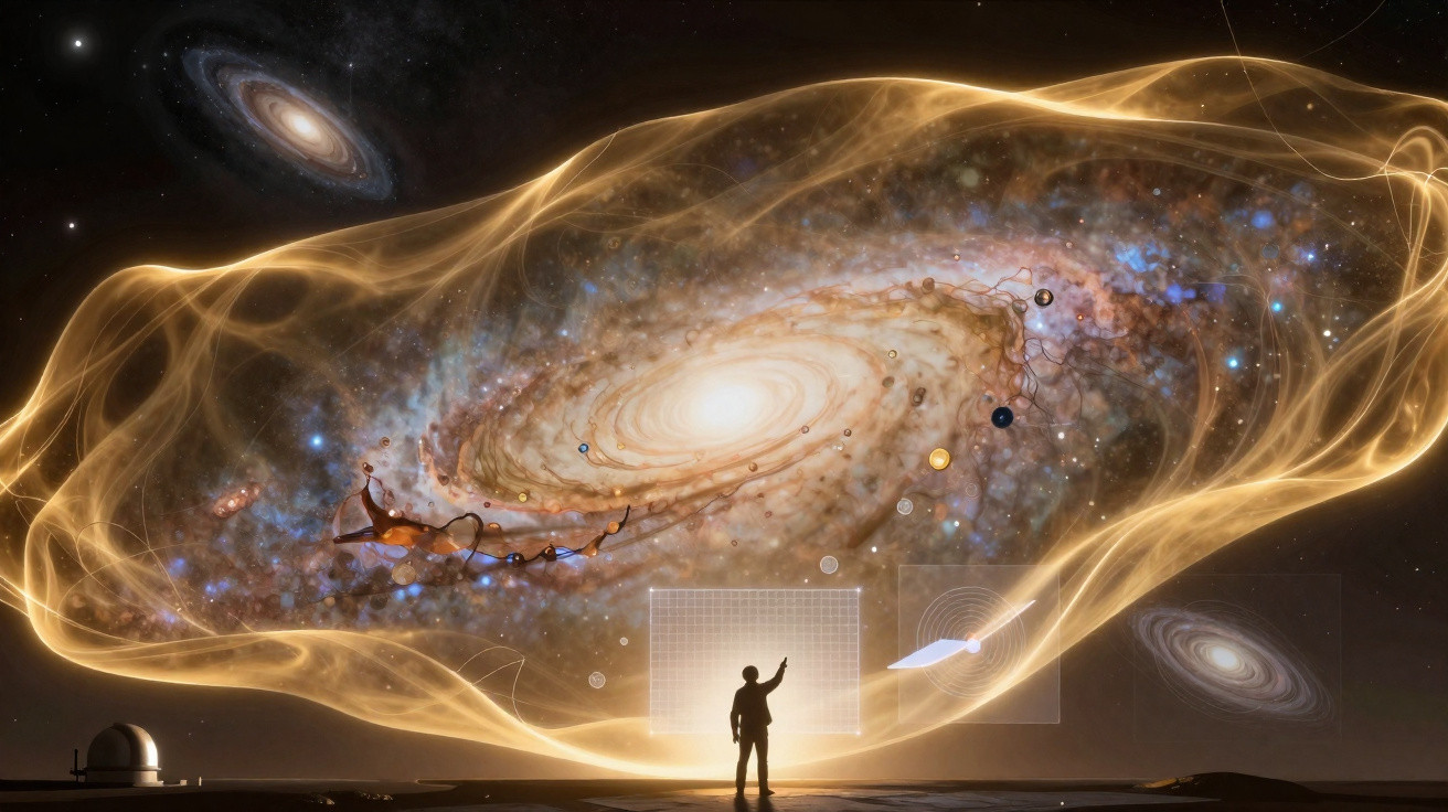 Pessoa em silhueta aponta para uma galáxia espiral rodeada por planetas e linhas de energia douradas no espaço.