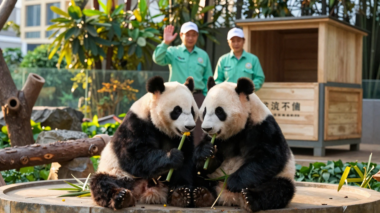 Dois pandas gigantes sentados comendo bambu, com dois tratadores ao fundo acenando.