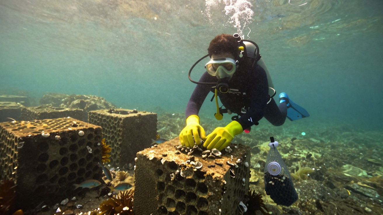 Mergulhador em equipamento completo cuidando de colônia de corais artificiais submersos no oceano.