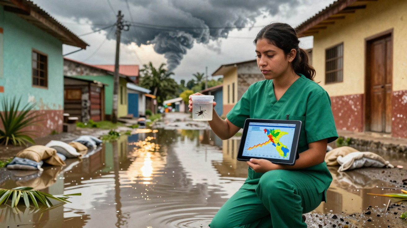 Mulher em uniforme verde segura pote com mosquito e tablet, em rua alagada, com fumaça densa ao fundo.