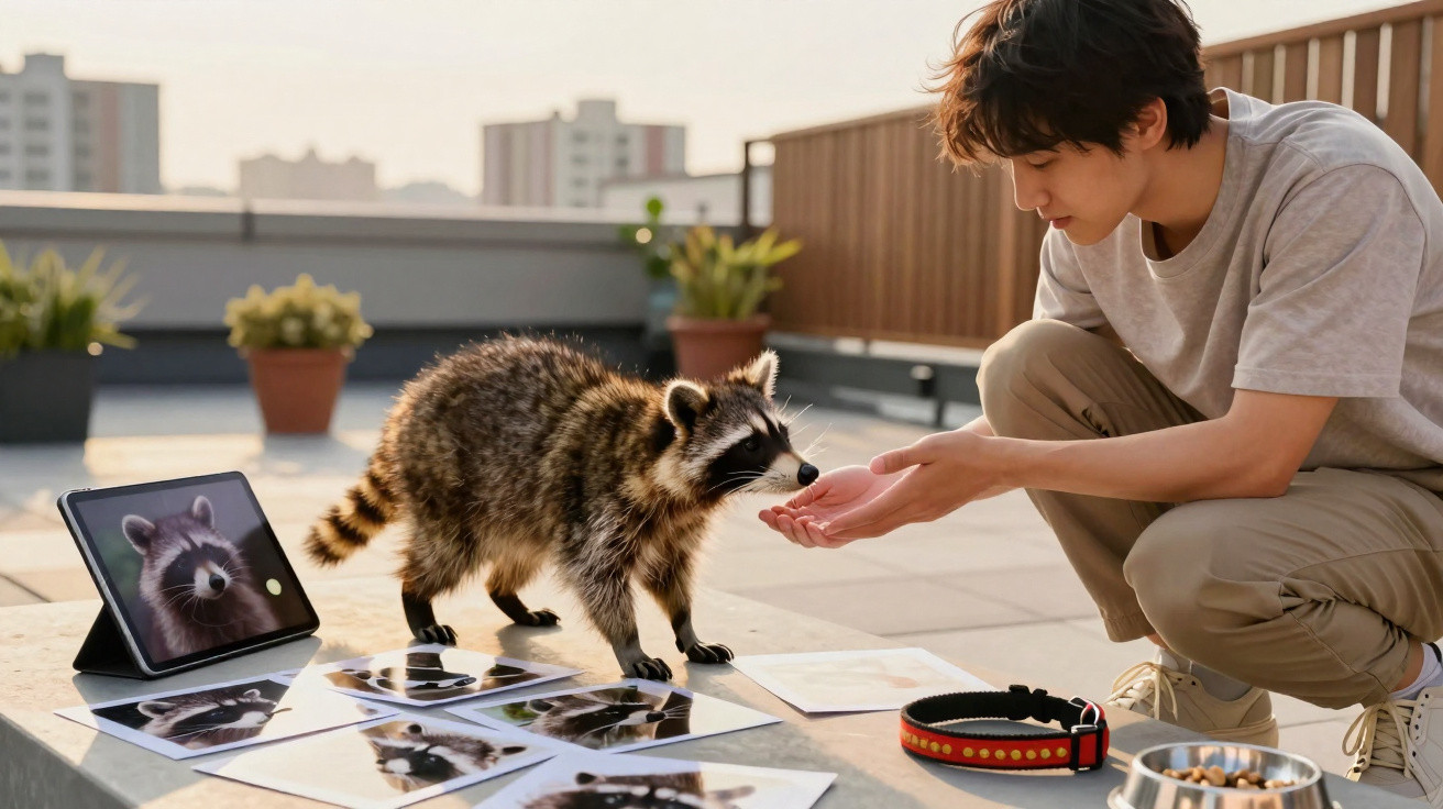 Homem alimentando guaxinim em área externa com fotos do animal espalhadas em mesa e tablet ao lado.