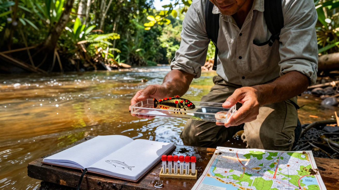 Pesquisador segura peixe em recipiente transparente próximo a rio com caderno, tubos e mapa em mesa rústica.