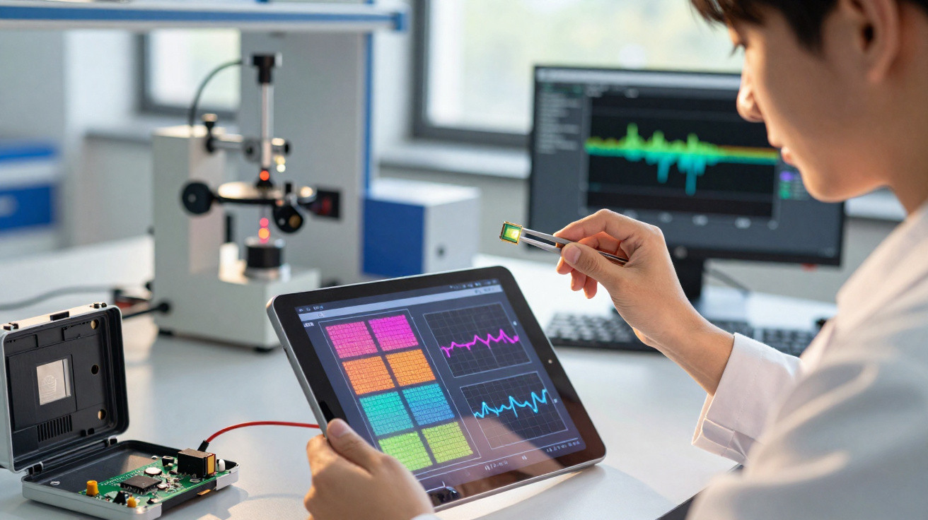 Pessoa em laboratório segurando componente eletrônico e analisando dados em tablet com gráficos coloridos.