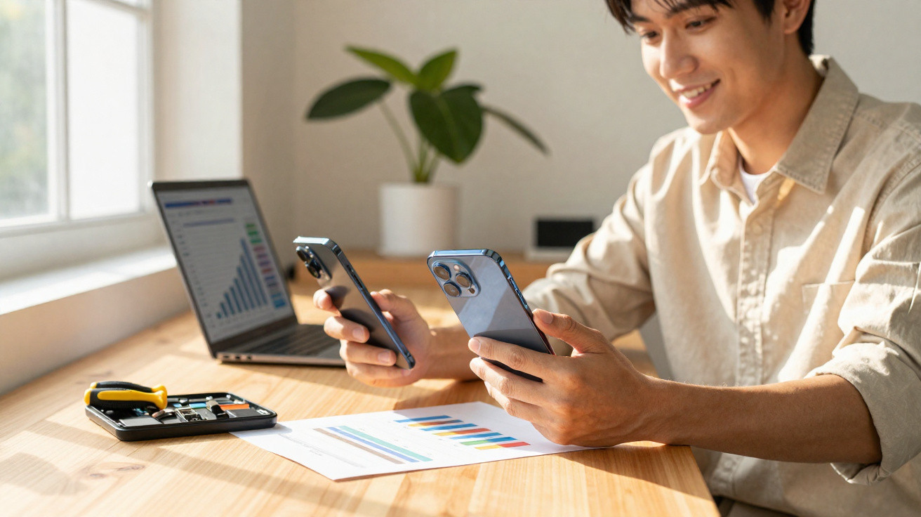 Jovem sorridente sentado à mesa com dois celulares, laptop, gráficos e kit de ferramentas.