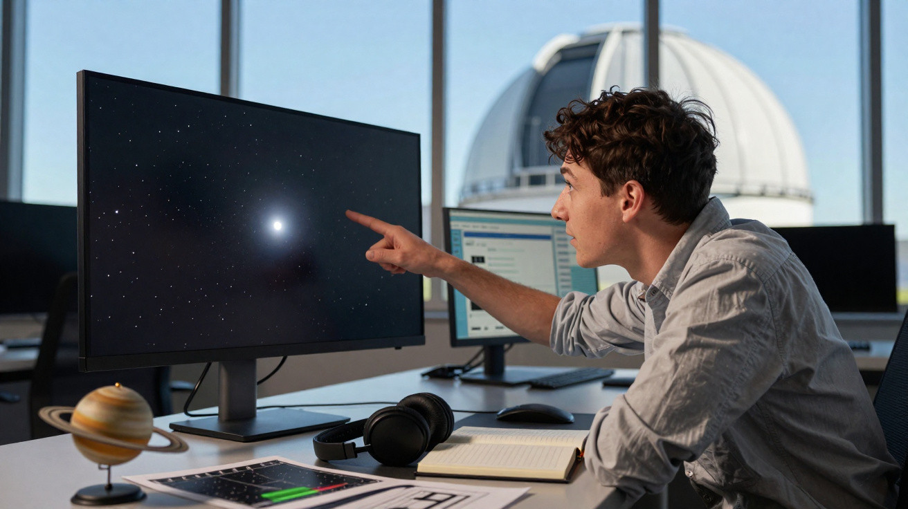 Jovem cientista aponta para imagem de galáxia em monitor, sentado em escritório com equipamento astronômico.