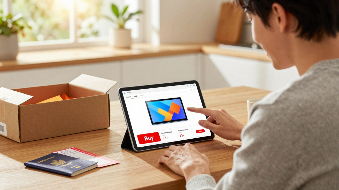 Pessoa usando tablet para comprar produto online em mesa com passaporte, xícara e caixa de papelão.
