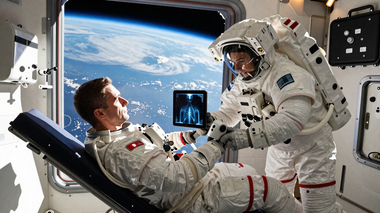 Dois astronautas na Estação Espacial, um mostra um raio-x para o outro com a Terra ao fundo.