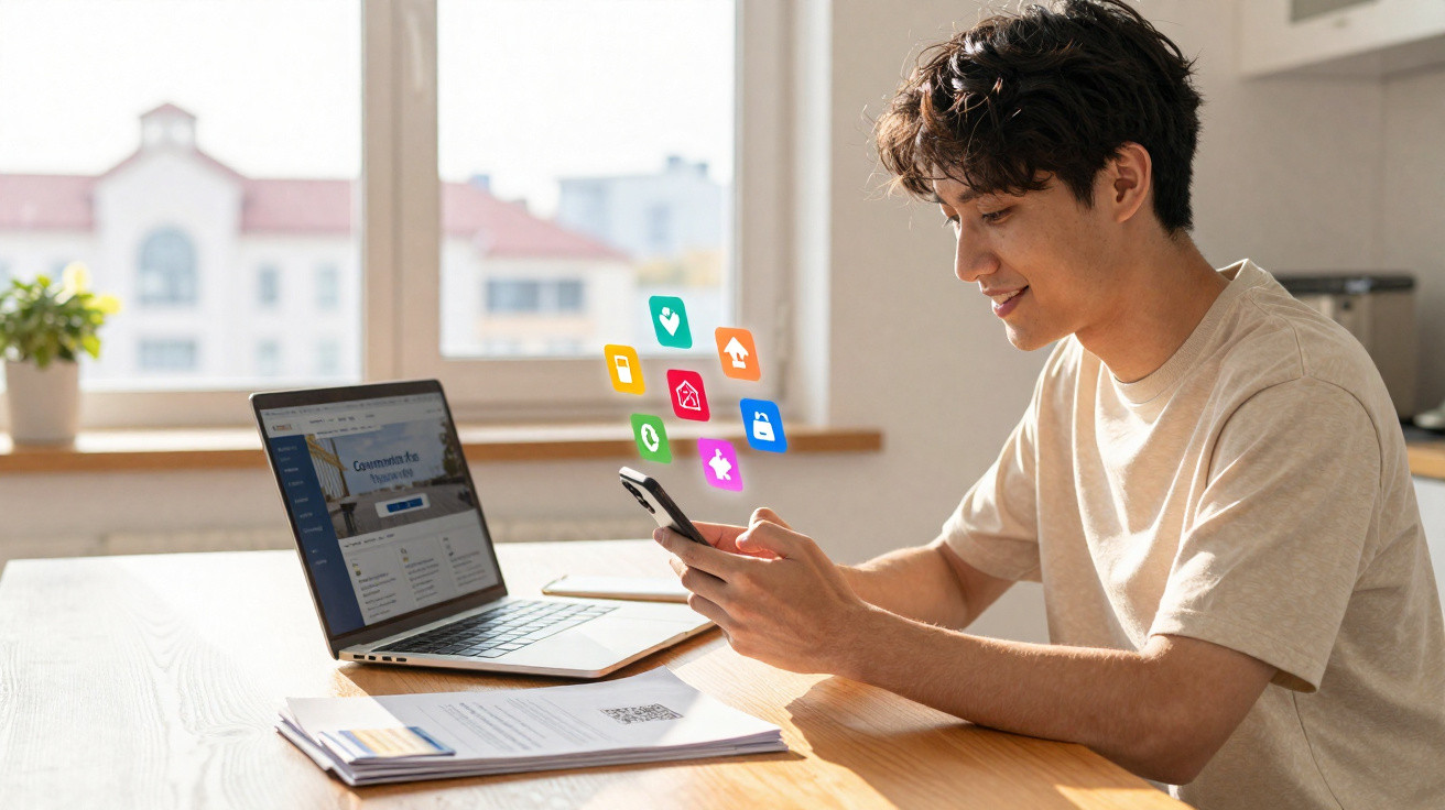 Jovem usando celular e laptop em mesa, com ícones coloridos flutuando representando aplicativos digitais.