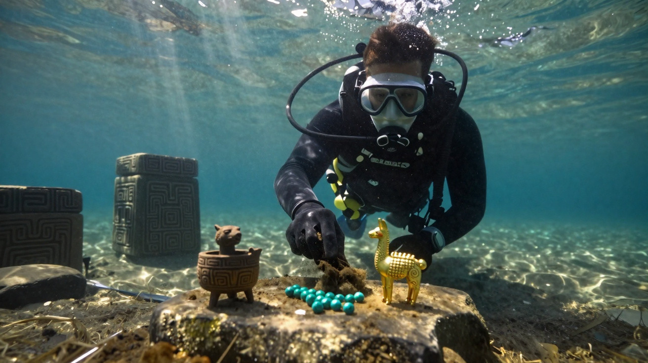 Mergulhador explora artefatos arqueológicos submersos em local com água cristalina e fundo arenoso.