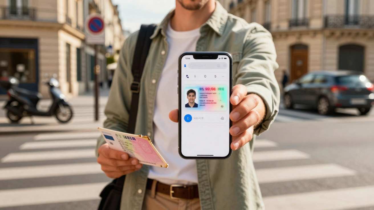 Homem mostrando carteira de motorista digital em um celular em rua urbana movimentada.