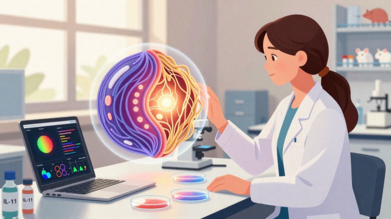 Cientista em laboratório analisando célula holográfica com gráficos de dados no computador ao lado.