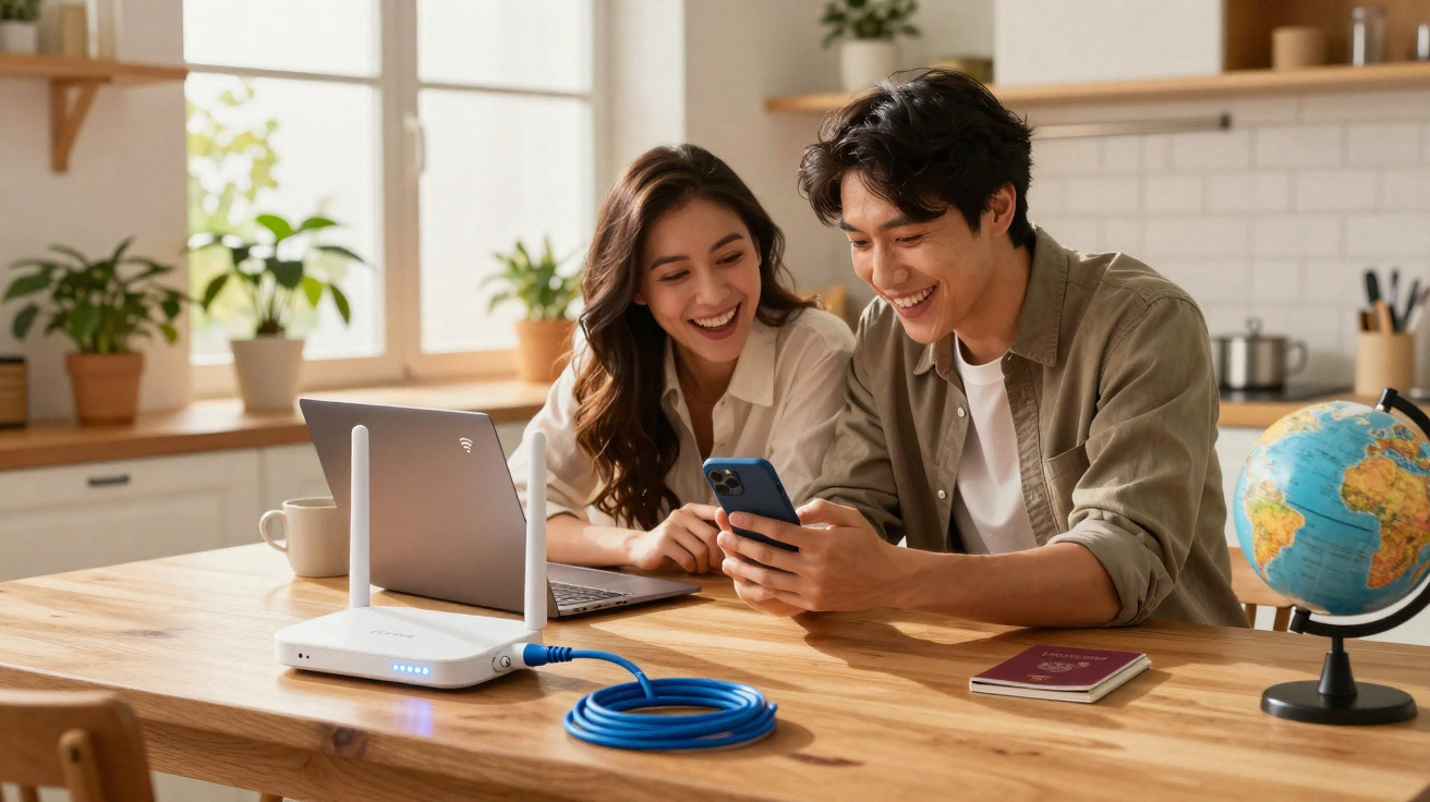 Casal jovem sorrindo, usando celular e laptop em mesa com roteador e globo terrestre.