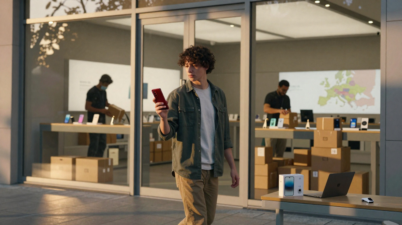 Jovem testa celular vermelho em frente a loja de tecnologia com funcionários e caixas ao fundo.