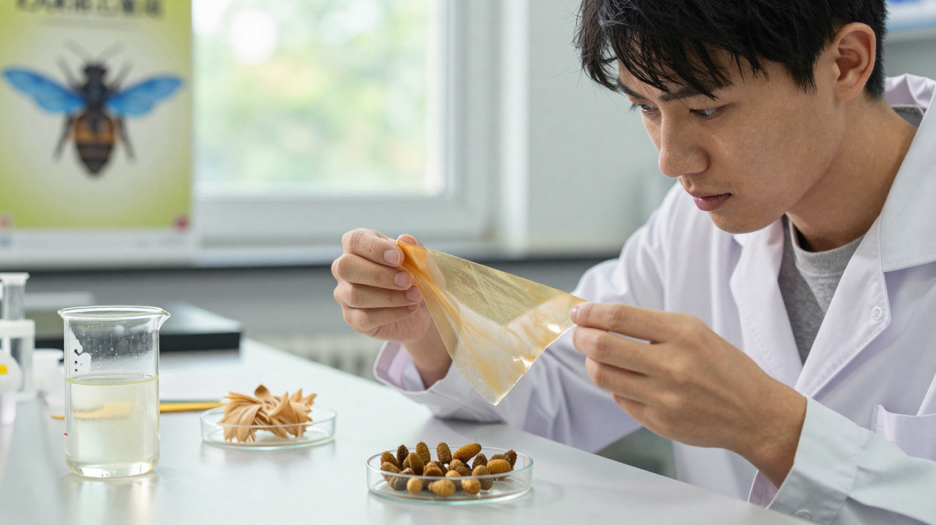 Cientista em laboratório examinando filme biodegradável transparente, com amostras em placas de petri na mesa.