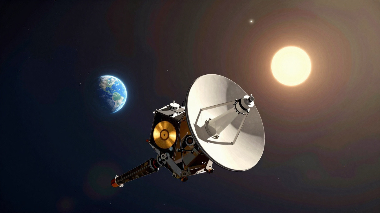 Sonda espacial com antena em forma de prato, Terra e Sol ao fundo no espaço sideral.