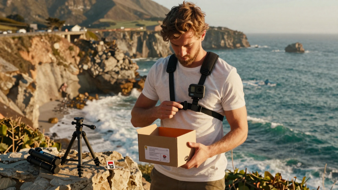 Homem com câmera de ação no peito abre caixa em penhasco próximo ao mar e equipamentos de fotografia.