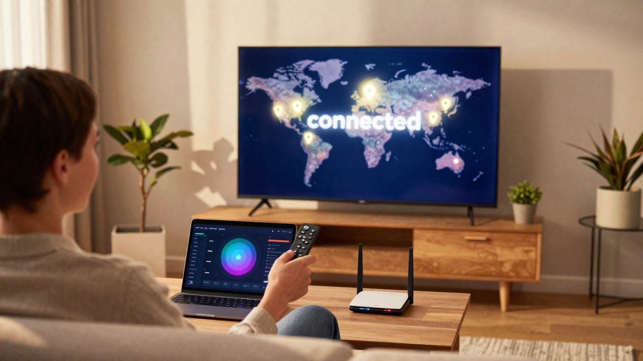 Pessoa usando controle remoto e laptop com mapa mundial conectado em TV na sala de estar.