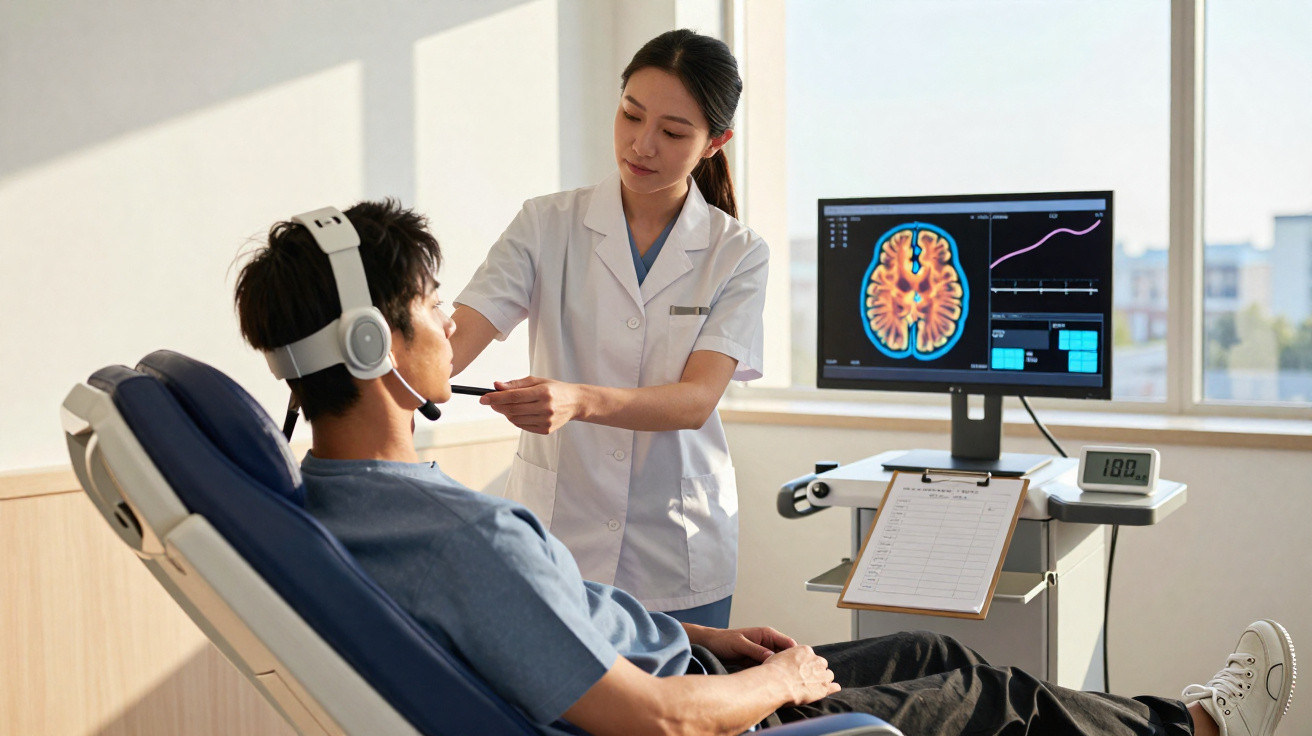 Paciente sentado com fones de ouvido e microfone recebe atendimento de profissional de saúde em consultório moderno.
