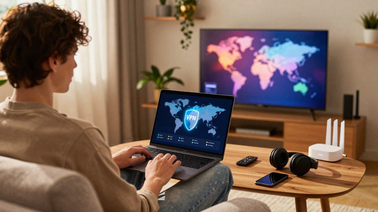 Pessoa usando laptop com tela de VPN, sentado em sofá com aparelho de TV e objetos eletrônicos em mesa de madeira.