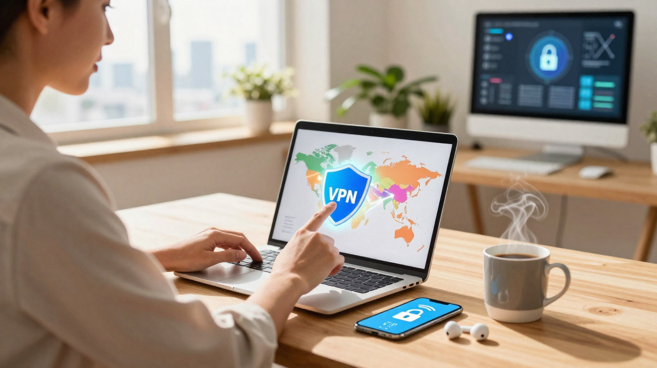 Pessoa usando laptop com símbolo de VPN, smartphone e monitor com cadeado em ambiente de trabalho iluminado.