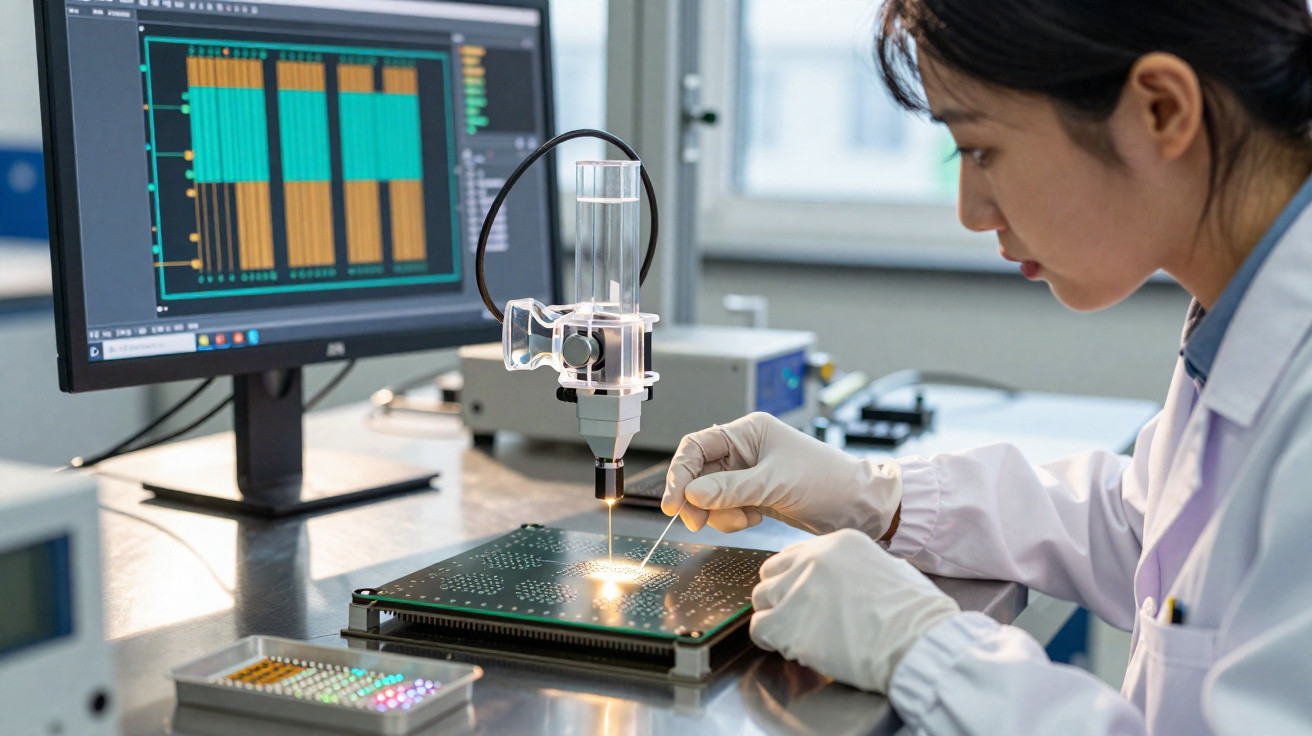 Mulher cientista trabalhando com equipamento de precisão em placa de circuito eletrônico em laboratório.
