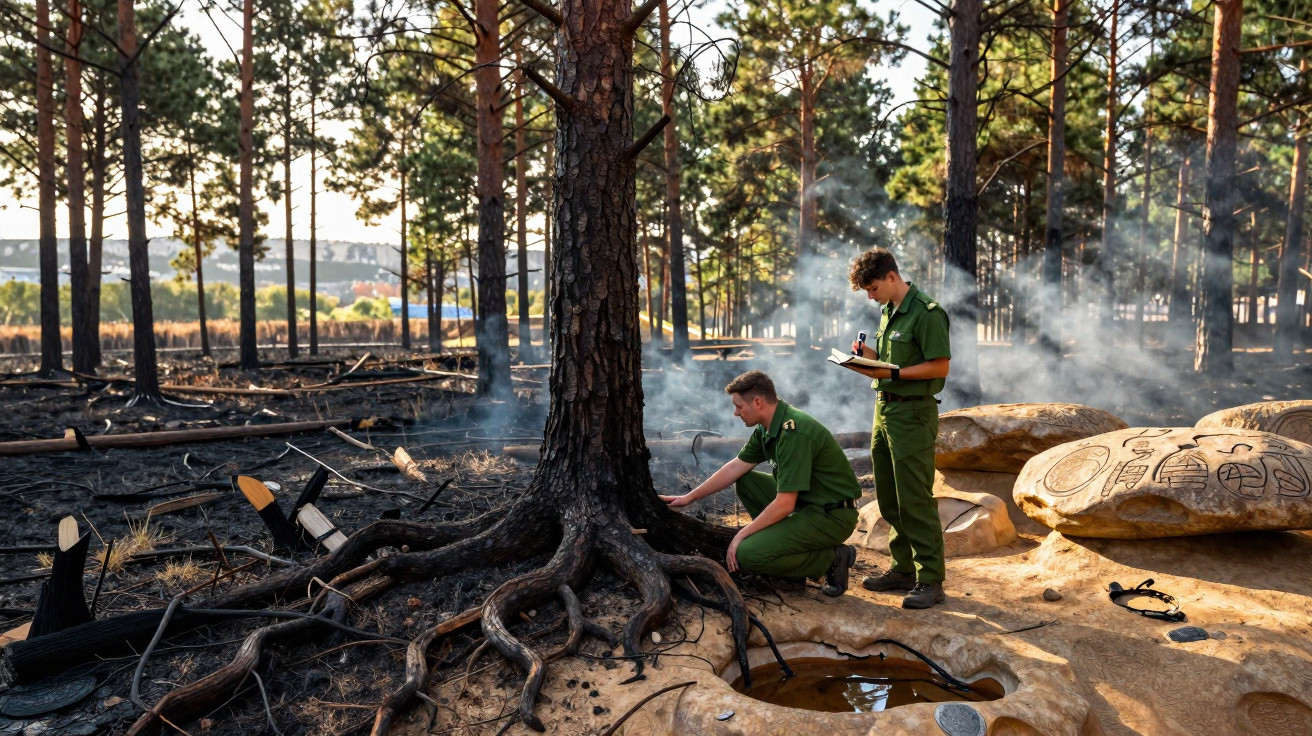 Dois homens em uniforme verde examinam árvores queimadas e registram dados em área de floresta devastada pelo fogo.