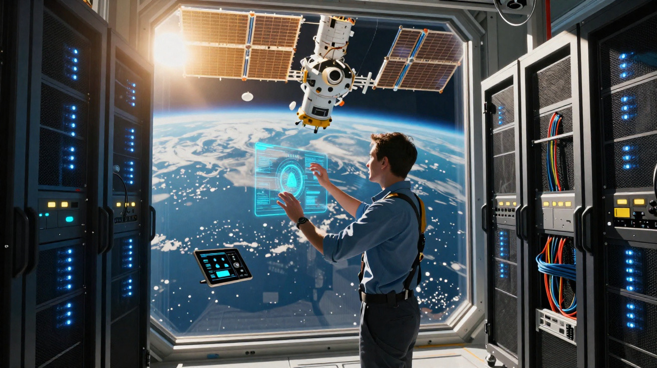 Homem interagindo com holograma em estação espacial, com satélite e Terra ao fundo.
