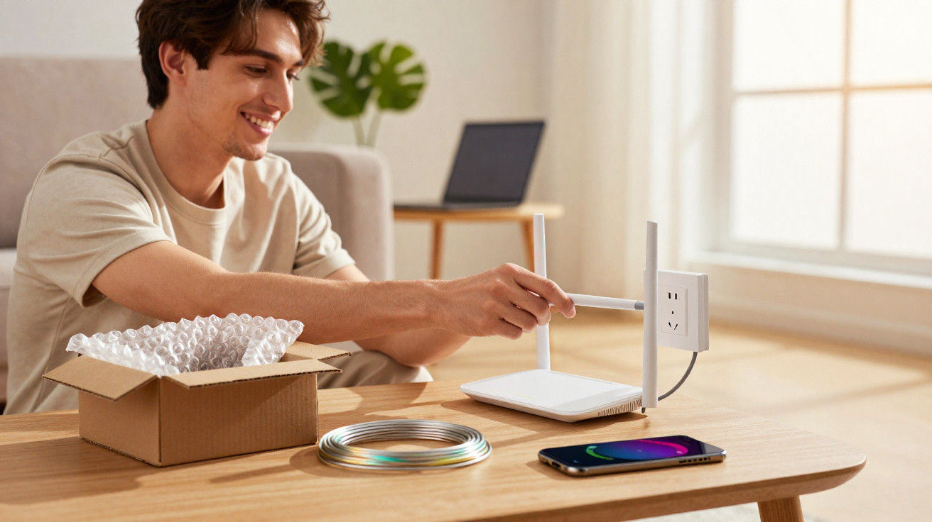 Jovem instalando antena em roteador Wi-Fi em sala com caixa de papelão, cabo e celular sobre a mesa.