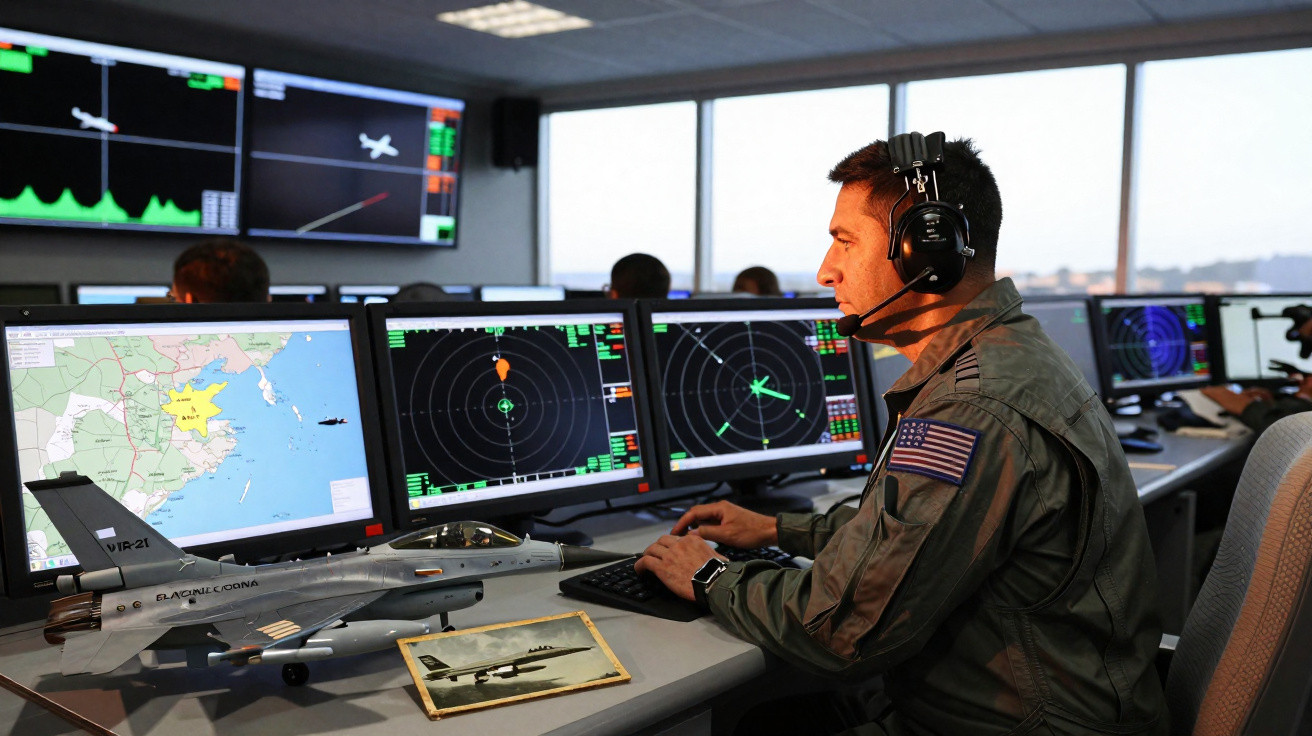 Homem com uniforme militar usando headset monitora telas de radar e mapas em centro de controle aéreo.
