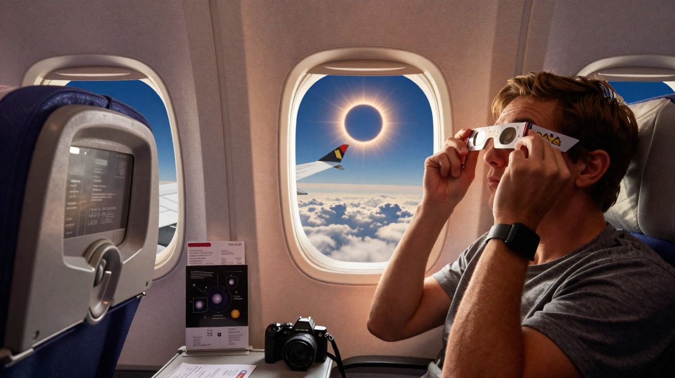 Homem em avião usando óculos especiais para observar eclipse solar total pela janela da aeronave.