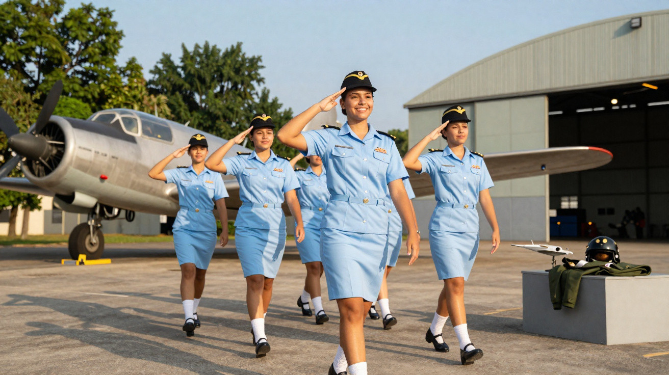 Grupo de mulheres militares em uniformes azuis desfilando e fazendo continência em base aérea.